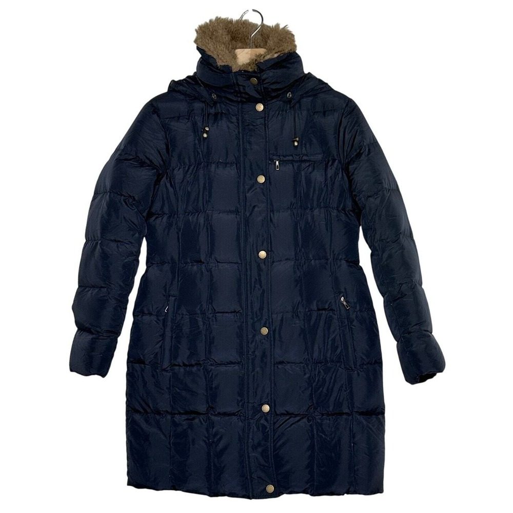 Lands' End Puffer Parka XS Black Down Filled Faux Fur Hood Long Coat